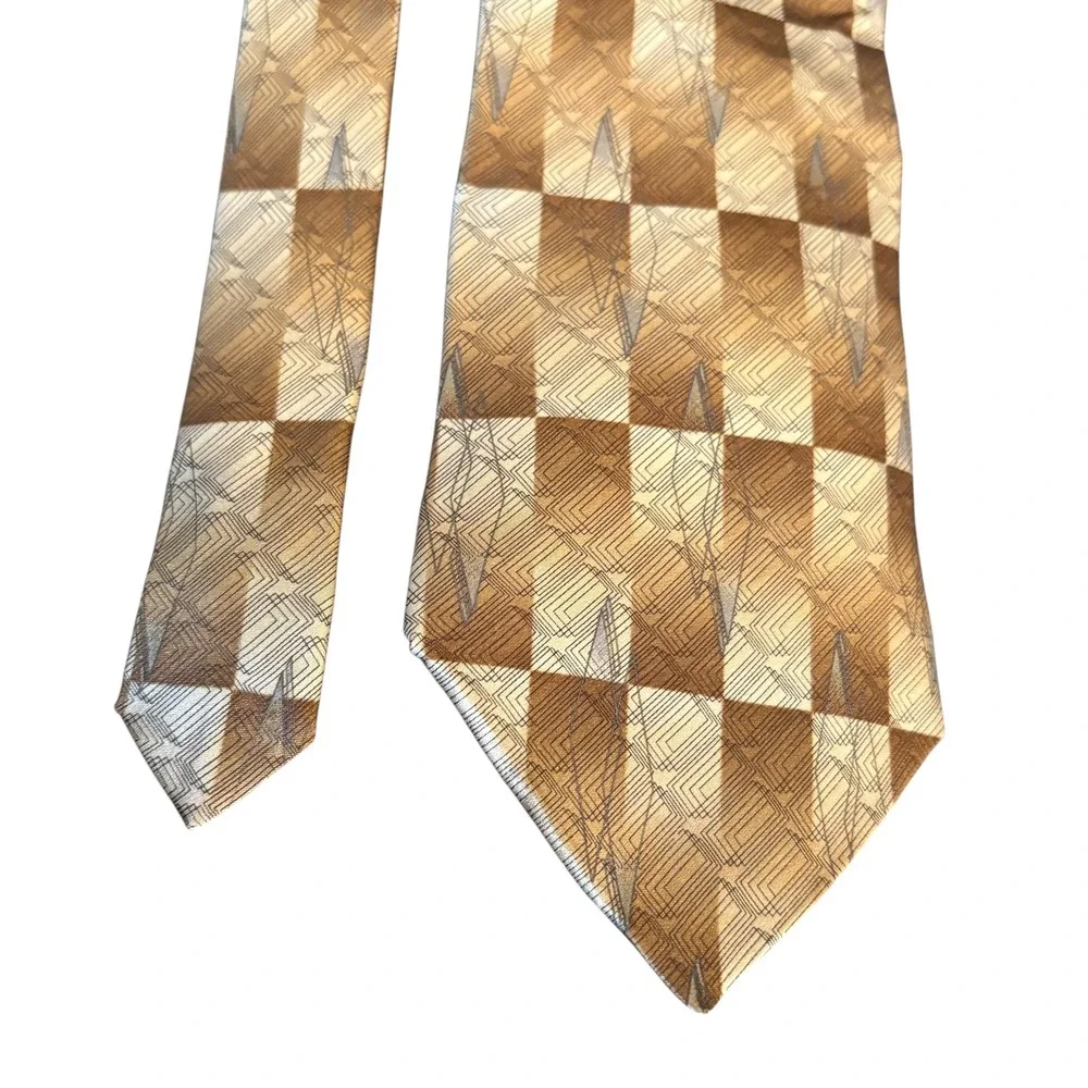 Haggar Black Label Silk Tie Geometric Brown Tan Checkerboard‎ Extra Long retro